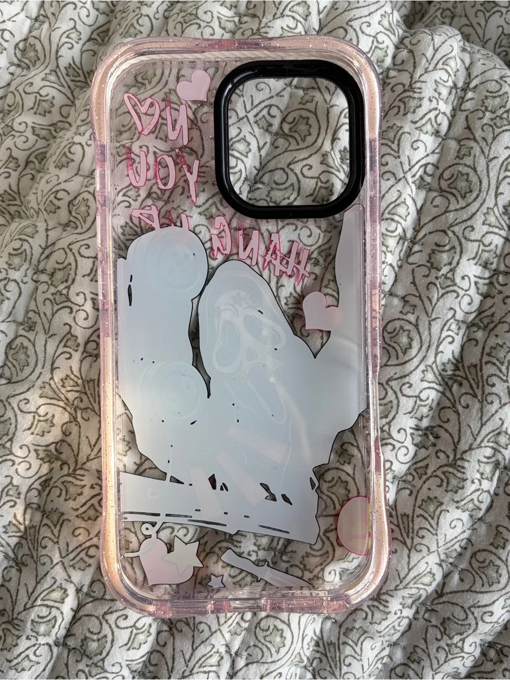 Pink Graphic Clear iPhone 13 Case with Blue Accents